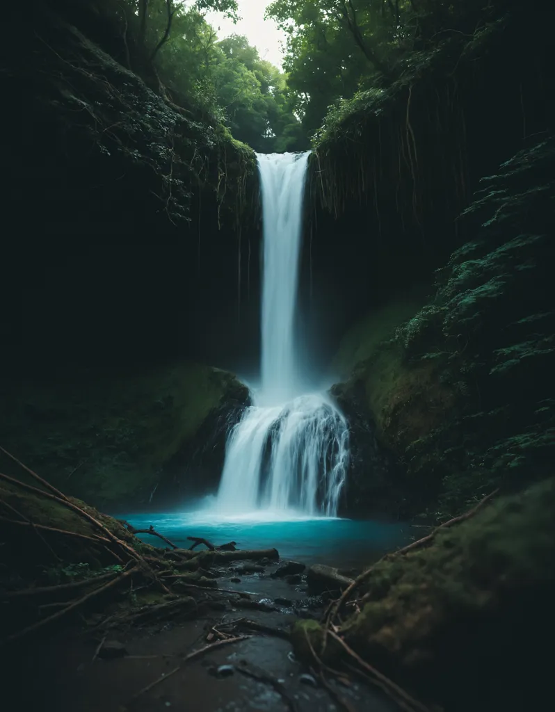 The waterfall is cascading down from a height, with a small pool of water at the bottom. The waterfall is surrounded by a lush green forest, with the trees reaching up to the sky. The water is a beautiful blue color, and it looks very refreshing. The waterfall is in a very secluded area, and it looks like a hidden paradise.