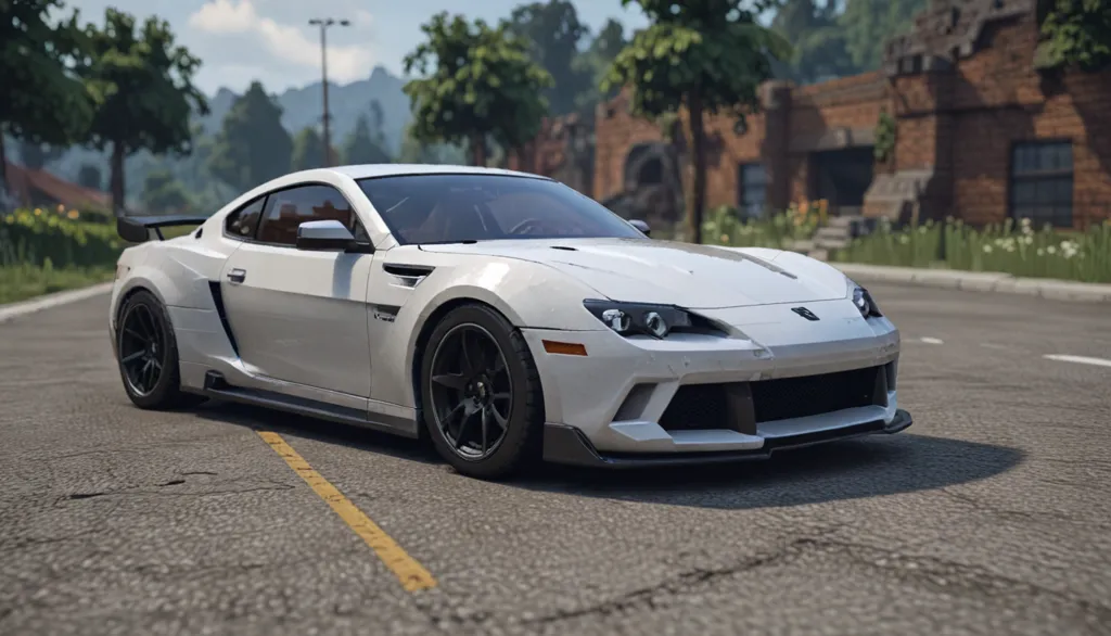 This white sports car is a modern design with a long hood and short trunk. It has a sleek, aerodynamic shape and large wheels. The car is parked on a paved road in front of a brick building. There are trees and mountains in the background.