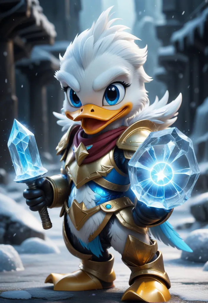 This is an image of a duck wearing armor and wielding a sword and shield. The duck is standing in a snowy forest. The duck is white and blue, with a yellow beak and feet. The duck is wearing a red scarf. The armor is gold and blue. The sword is blue and the shield is blue and has a yellow gem in the center. The duck is standing on a rock. There are trees and mountains in the background.