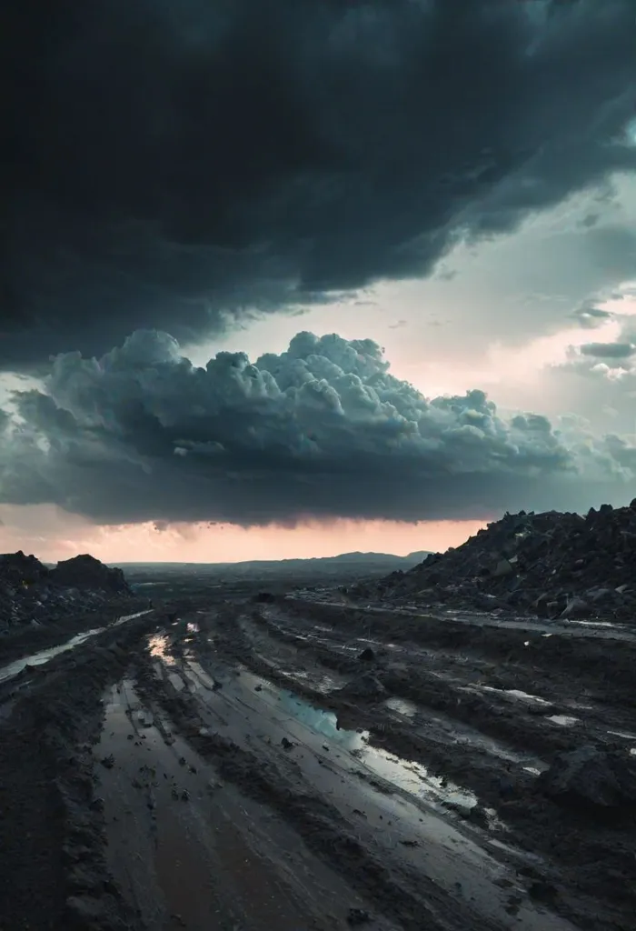 The image is of a dark and stormy sky. The clouds are thick and black, and the wind is whipping through the trees. The rain is coming down in sheets, and the ground is covered in mud. There is a large rock in the foreground of the image, and it is covered in moss and lichen. The image is very atmospheric, and it captures the feeling of being in the middle of a storm.