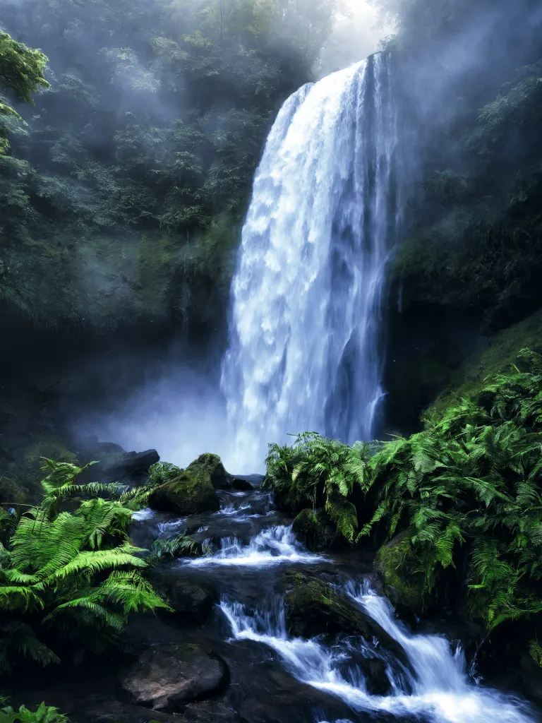 The waterfall is cascading down from a height, with a powerful force. The water is white and foamy, and it crashes against the rocks below. The waterfall is surrounded by a lush green forest, and the trees are reflected in the water. The waterfall is a beautiful and natural wonder, and it is a popular tourist destination.