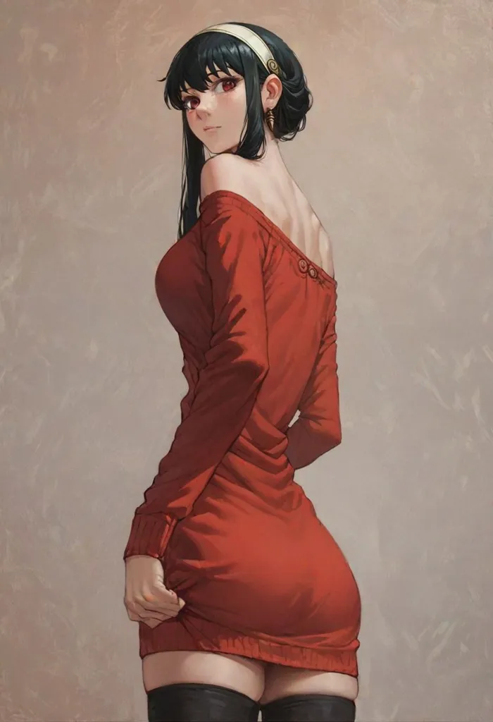 The picture shows a beautiful young woman with long black hair and red eyes. She is wearing a red dress that is off the shoulder and hugs her body tightly. The dress is short, ending just above her knees, and has three buttons on the left side. She is also wearing black stockings and black boots. The woman is standing with her left hand on her hip and her right hand slightly raised. She is looking over her shoulder at the viewer with a seductive expression on her face.