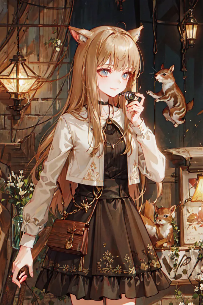 The image is of an anime girl with long blonde hair and blue eyes. She is wearing a white cropped jacket, a brown dress with a white collar, and a brown bag. She has a camera in her hand and is looking at a squirrel on a shelf. There are also some flowers and other plants in the background. The image has a warm and inviting atmosphere.