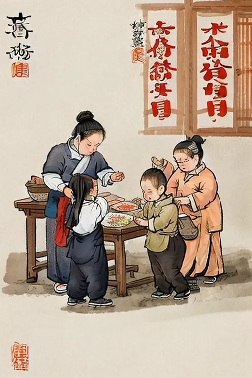 The image is in a traditional Chinese painting style. It depicts a scene of a family preparing food in a kitchen. The mother is shown in the center, wearing a blue apron and a white shirt. She is holding a bowl of food and is in the process of pouring it into a smaller bowl held by a child standing in front of her. The child is wearing a red shirt and black pants. There is another child standing on the other side of the mother. He is wearing a blue shirt and black pants. He is holding a pair of chopsticks and is eating from a bowl of food. In the background, there is a table with a bowl of food on it. The painting is done in muted colors and has a warm and inviting atmosphere.