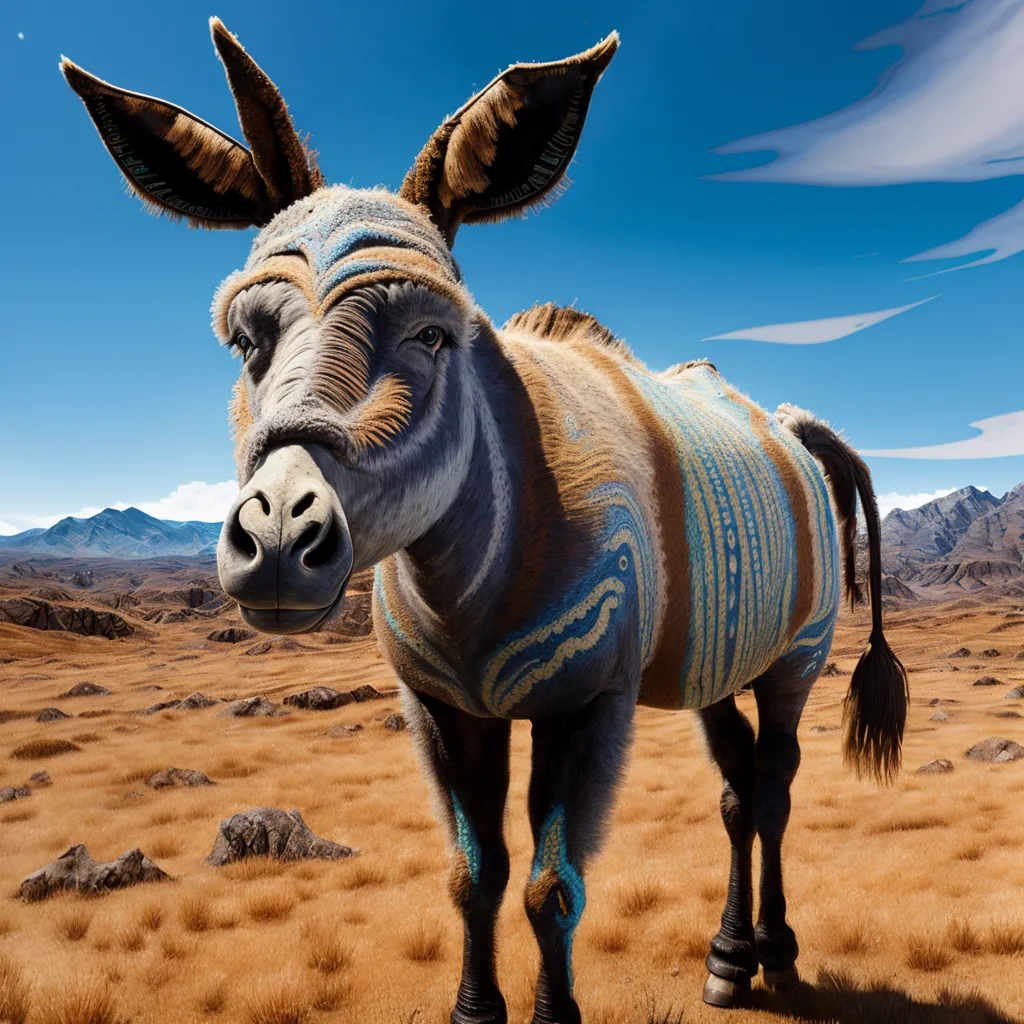 The image shows a donkey standing in the middle of a desert. The donkey is facing the viewer and has its ears perked up. The donkey has a blue and white striped pattern painted on its body. The background of the image is a vast desert with mountains in the distance. The sky is blue, and there are some clouds in the distance.