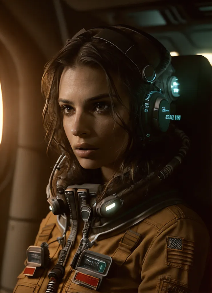 This is an image of a young woman in a spacesuit. She is looking to the right of the frame with a concerned look on her face. She has brown hair and brown eyes. She is wearing a brown spacesuit with a white collar. The spacesuit has a lot of buttons and lights on it. She is also wearing a helmet with a visor. The helmet is black with green lights on it.