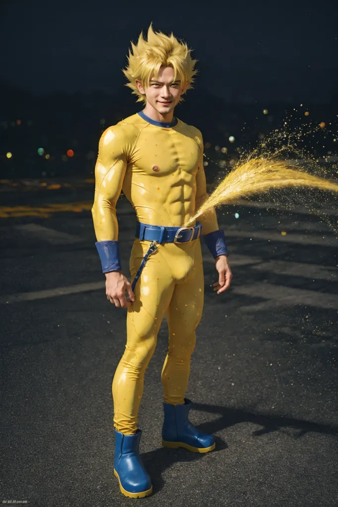 The image shows a man dressed in a yellow superhero costume. He has blond hair and blue eyes, and he is muscular. He is wearing a yellow belt and blue boots, and he has a yellow cape. He is standing in front of a dark background, and there is a bright light shining on him. There is a golden liquid coming out of his penis.