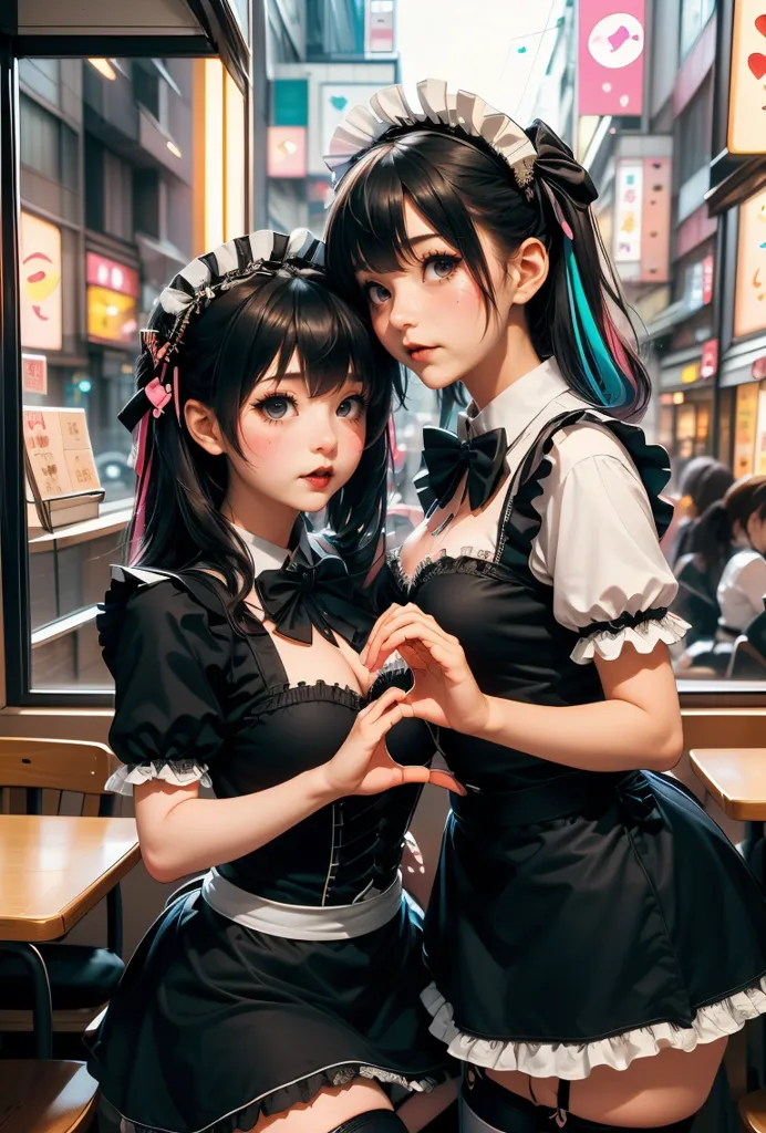 Two anime girls with long black hair are posing in maid outfits. They are both wearing black dresses with white aprons and have their hair tied up in buns. The girl on the left is slightly shorter than the girl on the right and has blue eyes, while the girl on the right has green eyes. They are both smiling and have their hands clasped together in front of their chests. In the background, there is a city street with people walking around.