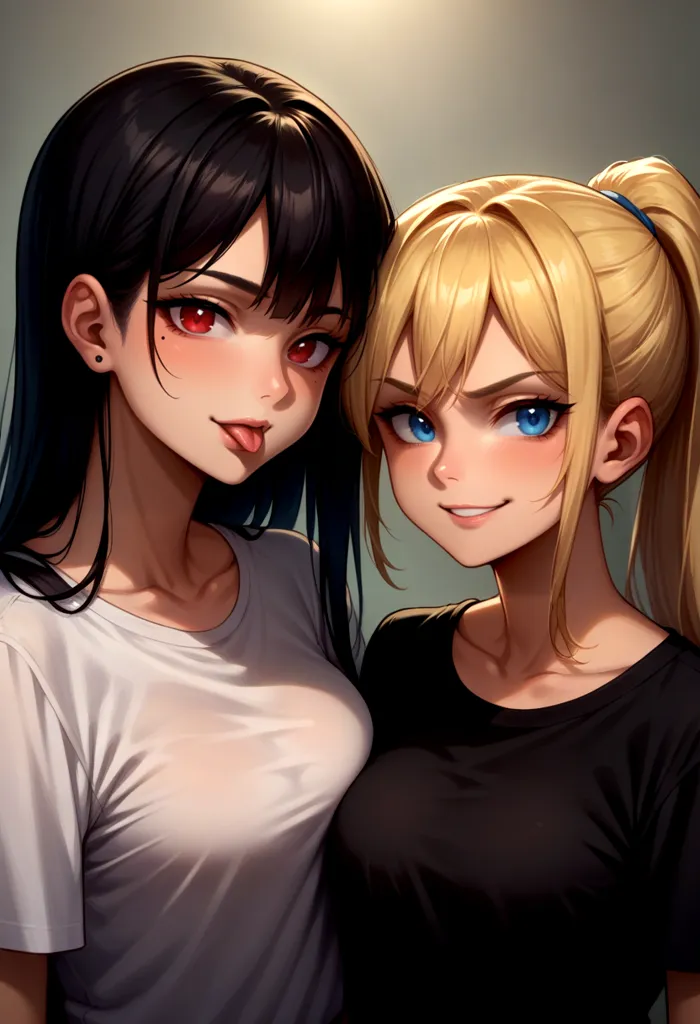 This is an image of two anime girls. The girl on the left has black hair and red eyes, and the girl on the right has blonde hair and blue eyes. They are both wearing white shirts. The girl on the left is sticking her tongue out, and the girl on the right is smiling. They are both very beautiful.