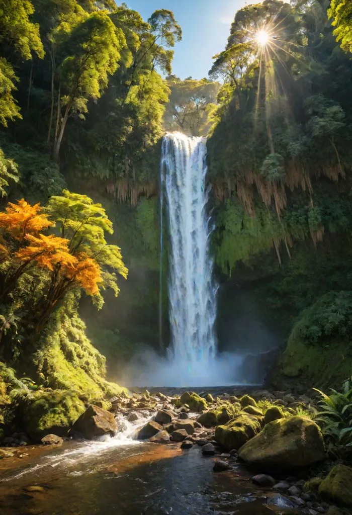 The waterfall is cascading down from a height, surrounded by lush green trees. The sun is shining brightly, creating a rainbow in the mist. The water is crystal clear. The rocks in the foreground are covered in moss. The waterfall is a beautiful and peaceful scene.