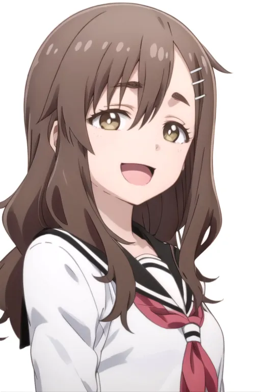 The image shows an anime-style girl with brown hair and brown eyes. She is wearing a white shirt with a red ribbon and a gray skirt. She has a happy expression on her face and is looking at the viewer.