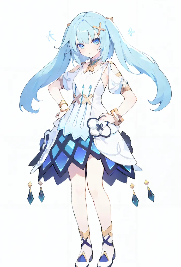 The picture shows a young girl with long blue hair and blue eyes. She is wearing a white dress with a blue skirt and a white bow in her hair. She is also wearing a pair of white shoes. She is standing with her hands on her hips and has a confident smile on her face.