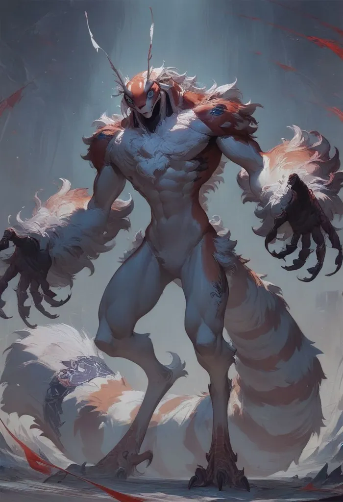 The creature is standing on two legs, its arms are outstretched to the sides. It has a long, flowing mane of white fur, and its body is covered in orange and white fur. The creature's eyes are a deep blue, and its teeth are sharp and pointed. It looks like a cross between a lion and a fox.