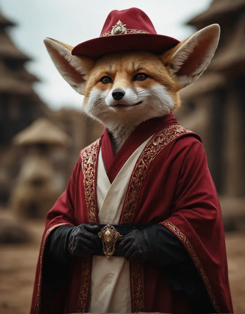 The image shows a red fox wearing a red hat and a red robe with white and gold trim. The fox is standing in front of a stone building. The fox has a gold belt with a red jewel in the center. The fox is looking at the viewer with a slightly smug expression.