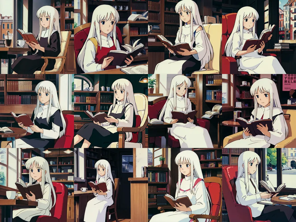 The image shows a girl with long white hair reading a book. She is wearing a white dress with a red sash. There are bookshelves all around her. The girl is sitting in a red chair. She has a serious expression on her face. She is very beautiful.