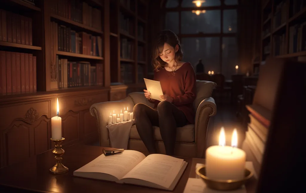 A young woman is sitting in a dimly lit library, reading a letter by candlelight. She is wearing a red sweater and there are bookshelves all around her. On the table next to her is an open book and a quill pen. There are also several candles on the table. The woman is alone in the library and she looks thoughtful and introspective.