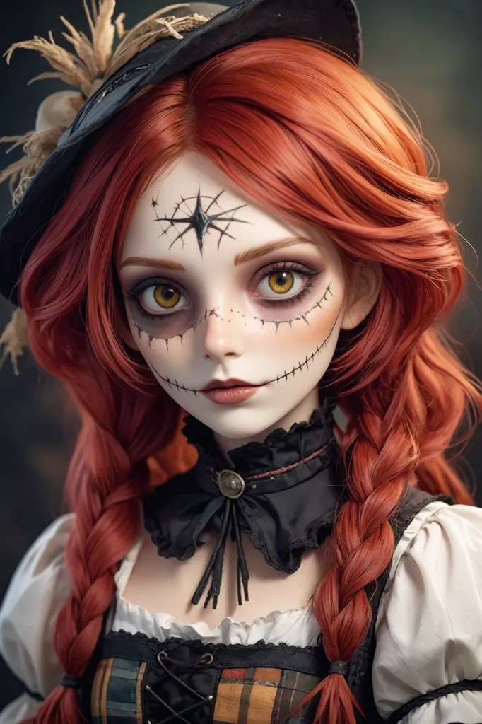 This image is of a girl with long, red hair and yellow eyes. She is wearing a black hat and a white dress with a black corset. Her face is painted white with black stitches around her eyes and mouth. She has a star painted on her forehead. She looks like a doll that has been brought to life.