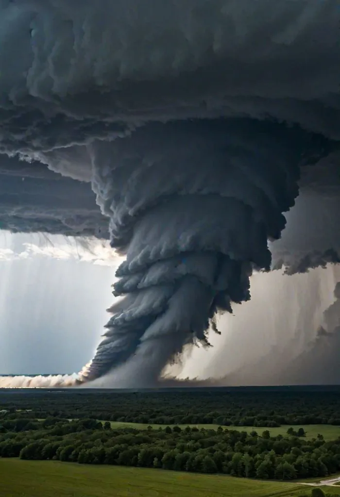 The image shows a large tornado. The tornado is dark and ominous, and it is clear that it is a powerful force of nature. The tornado is surrounded by dark clouds, and the sky is lit up by lightning. The tornado is also surrounded by trees, which are being whipped around by the wind. The tornado is a destructive force, and it is clear that it is capable of causing a lot of damage.