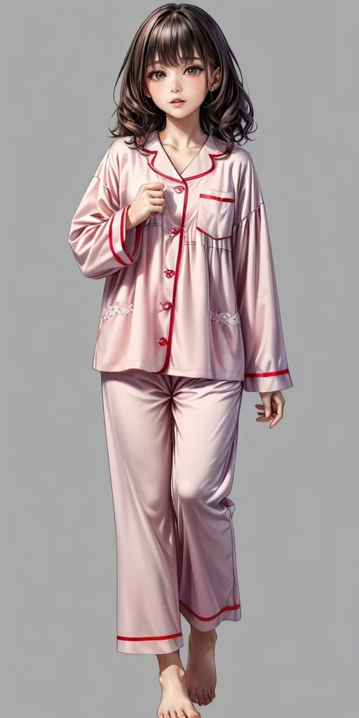 The picture shows a young woman in her pajamas. She is barefoot and has her hair left out. The woman is standing in a relaxed pose. The pajamas are pink with red piping. The woman has a thoughtful expression on her face. The background is a solid light gray.