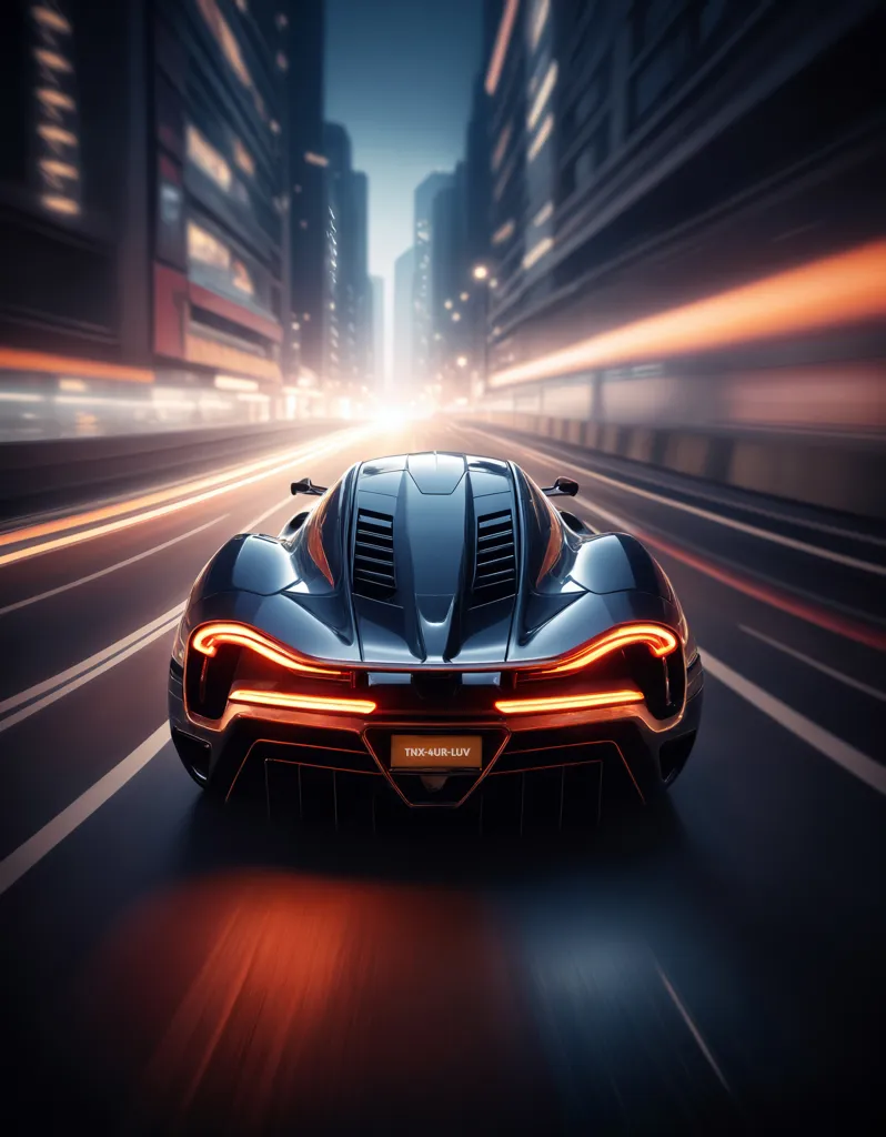 A sleek black sports car is driving down a city street at night. The car is blurred, and the background is in focus. The car is lit by the streetlights, and the light is reflecting off the car's body. The car is going very fast, and the background is blurred.