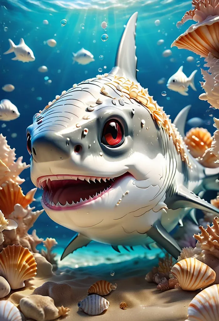 This is a cartoon shark. It has big red eyes and a big smile. It's decorated with seashells and pearls. It looks very friendly. There are many small fish, seashells, and corals around it. The background is blue with bubbles.