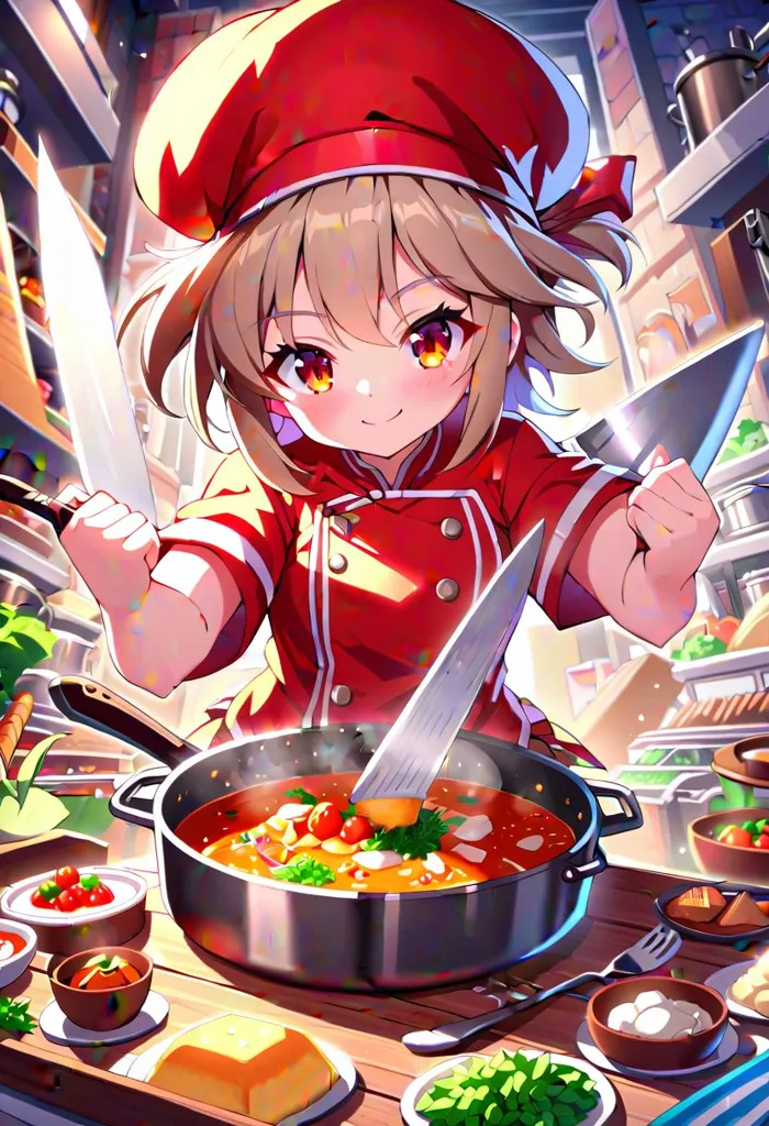 The image shows a young girl in a red chef's uniform. She has brown hair and yellow eyes, and she is smiling. She is standing in a kitchen, and there is a pot of soup on the stove behind her. There are also various ingredients on the counter, such as vegetables, eggs, and bread. The girl is holding two knives, and she looks like she is ready to start cooking.