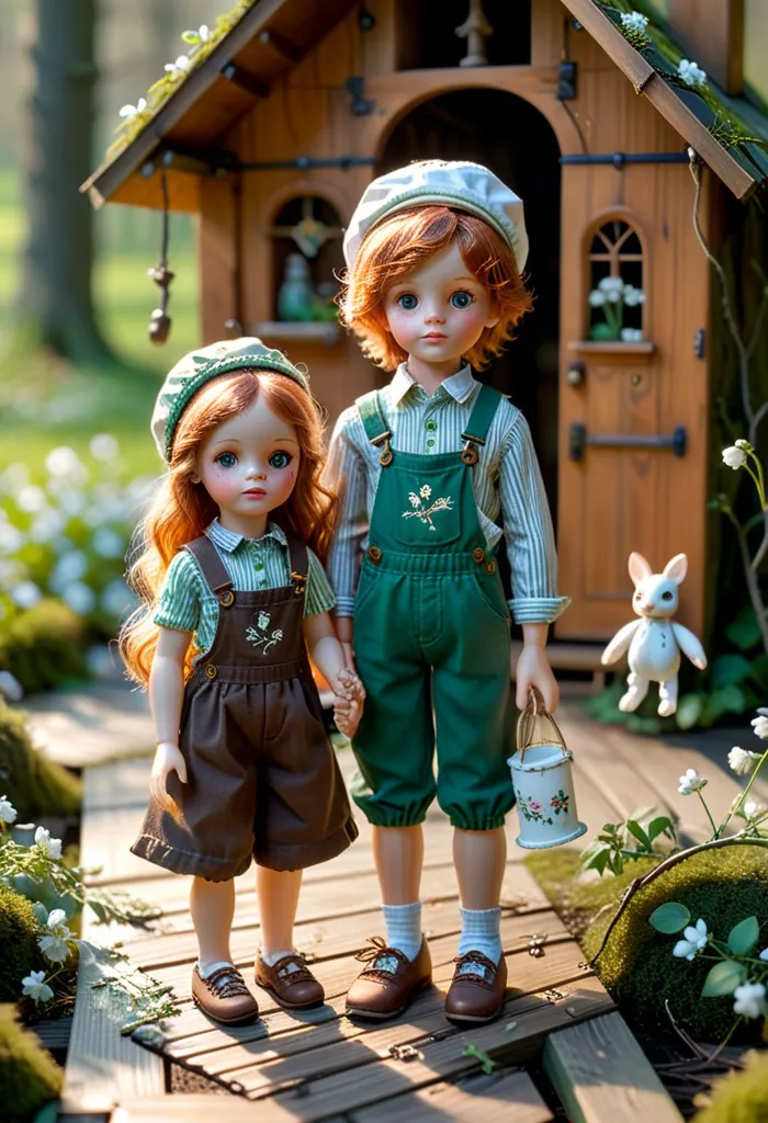 Two porcelain dolls are standing in front of a wooden playhouse. They are both wearing green and brown outfits and have their hands joined. The boy has a watering can in his hand and the girl is holding a white rabbit. The playhouse is surrounded by flowers and plants.