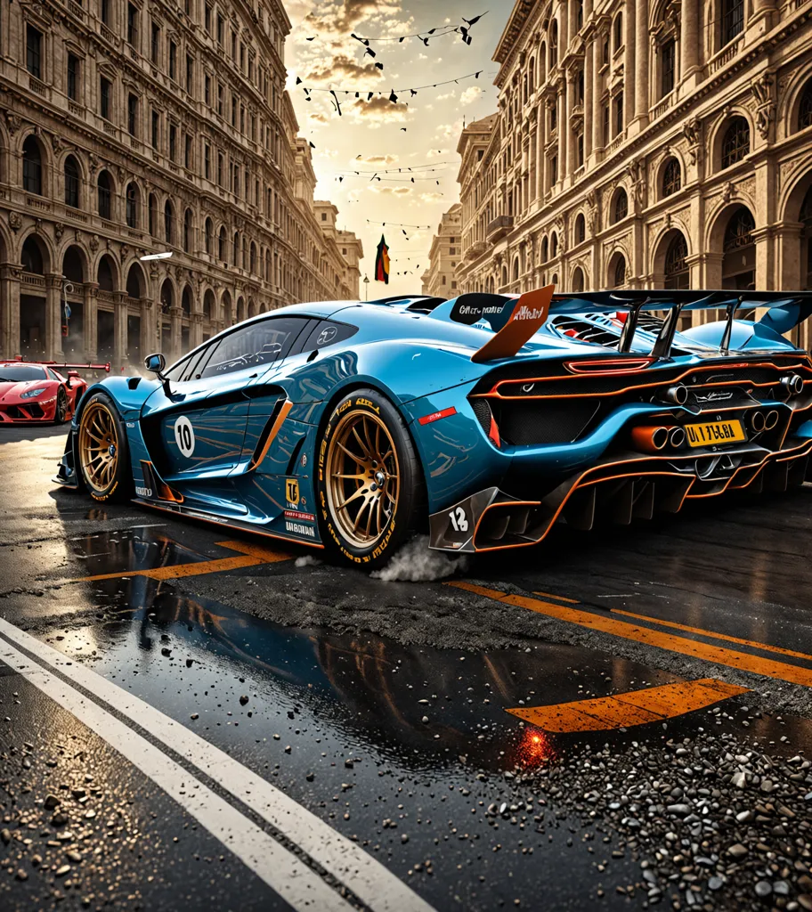 A blue and orange supercar speeds down a wet city street. The car is blurred, but the background is in focus. The buildings are tall and imposing, and the street is lined with trees. The car is surrounded by other cars, all of which are blurred. The only thing that is clear is the blue and orange supercar. It is in the foreground of the image and it is moving very fast. The car is sleek and powerful, and it looks like it is about to take off.