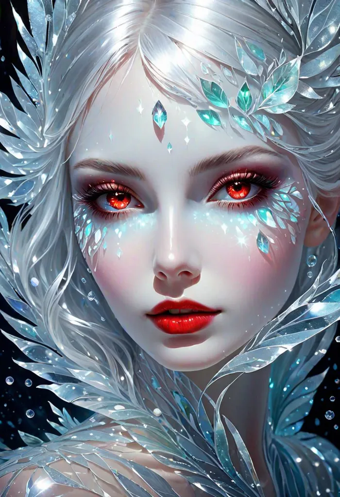 This is a picture of a beautiful woman with long white hair and red eyes. She is wearing a crown of ice and leaves, and her face is covered in delicate snowflakes. Her skin is pale and flawless, and her lips are a deep red. She looks like a winter queen, and she is both beautiful and powerful.