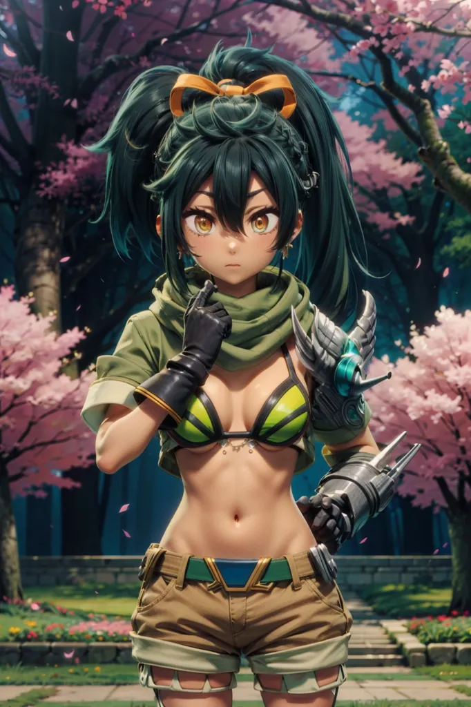 This is an image of a female character with green hair and brown eyes. She is wearing a green bikini top, brown shorts, and a green glove on her right hand. She has a serious expression on her face and is looking at the viewer. She is standing in a forest with pink flowers on the trees.