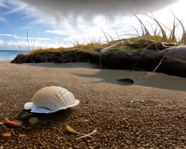 The image is a close-up of a seashell on a beach. The shell is white and has a scalloped edge. It is lying on the sand, which is wet and has a few pebbles on it. In the background, there is a large rock covered with seaweed. The sky is blue and there are some clouds in the distance. The image is taken from a low angle, which makes the shell look larger than it actually is.