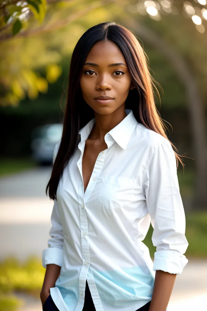 The image is of a young African-American woman. She is in her early 20s and has long, black hair. She is wearing a white button-down shirt and black pants. She is standing outside and looking at the camera with a serious expression.