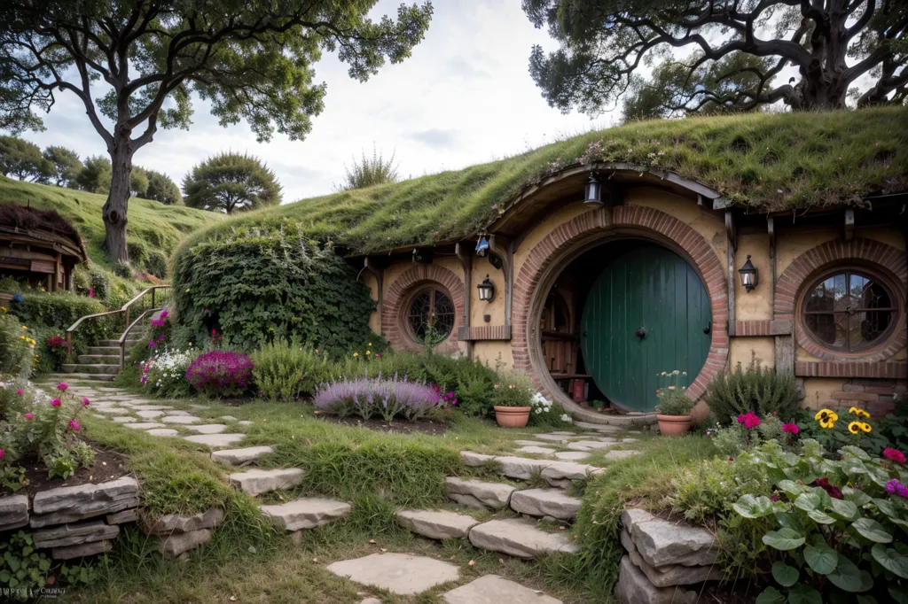 The image is of a hobbit hole, which is a type of house that is typically found in the Shire, a region in Middle-earth, which is the fictional world created by J. R. R. Tolkien. Hobbit holes are usually built into hillsides, and they have round doors and windows. The image shows a hobbit hole that has a green door, and there are flowers and plants growing around it. There is a stone path leading up to the hobbit hole, and there are trees and bushes in the background.