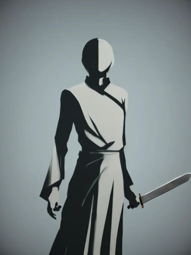 The image is of a man standing with a sword in hand. He is dressed in a white robe with a black sash. His face is half white and half black. He has a determined look on his face. He is standing in a fighting stance. The background is grey.