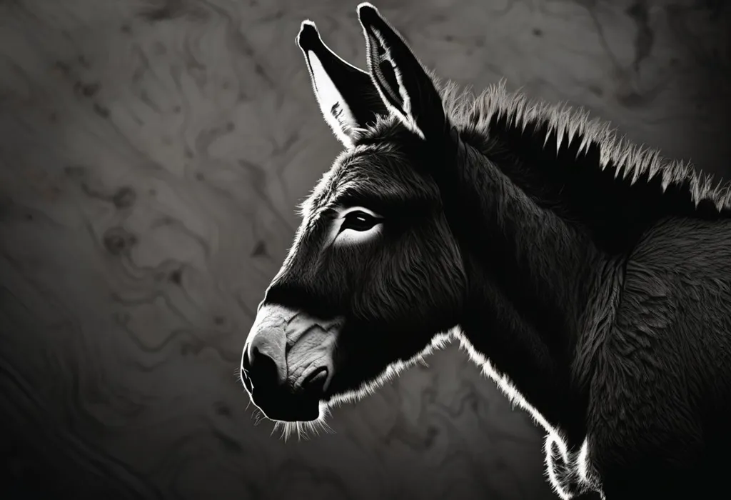 The image is a black-and-white portrait of a donkey. The donkey is facing the viewer with its head turned slightly to the left. The donkey has large, sad eyes and a long, drooping face. Its ears are long and pointed, and its fur is short and smooth. The background is a dark, textured wall.