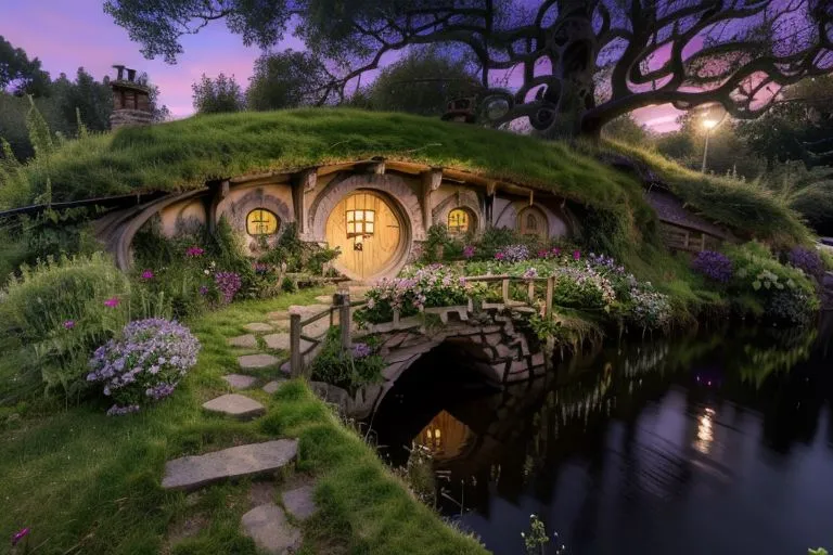 The image is of a hobbit hole, which is a type of house that is typically found in the Lord of the Rings series of books and movies. Hobbit holes are usually built into the side of a hill or bank, and they have a round door and a thatched roof. The image shows a hobbit hole that is located in a rural setting. There is a small bridge that leads over a stream to the front door of the hobbit hole. The hobbit hole is surrounded by flowers and plants, and there is a tree in the background. The image is taken from a low angle, which makes the hobbit hole look even more imposing.