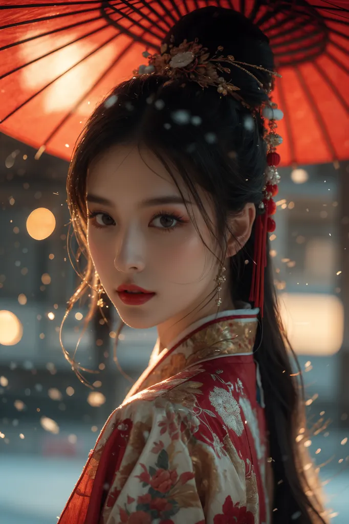 This is a picture of a beautiful young woman in a red and gold kimono. She is holding a red umbrella and standing in a snowy forest. The snow is falling gently and the sun is shining brightly, creating a beautiful scene. The woman's hair is long and black, and her eyes are dark and mysterious. She is wearing a traditional Chinese dress with intricate patterns and designs. The woman is standing in a graceful pose, and she looks like a仙女 (fairy).