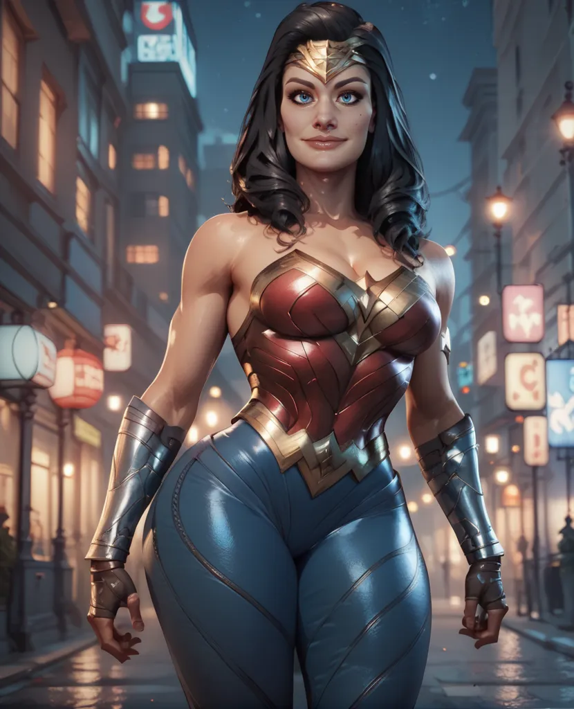 This is an image of Wonder Woman, a superhero from DC Comics. She is standing in a city street, wearing her iconic red, white, and blue costume. She has long, dark hair and blue eyes, and she is muscular and tall. She is looking at the viewer with a confident expression on her face.