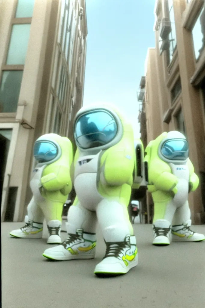 The image shows three cartoonish characters that resemble astronauts. They are all wearing white and green space suits with clear bubble helmets. The characters are also wearing yellow and white sneakers. They are standing in a city street with tall buildings on either side. The sky is blue with a few wispy clouds.