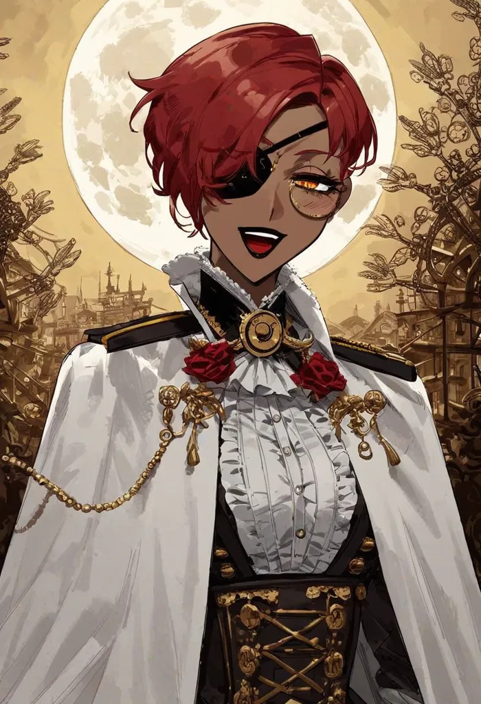 This is an image of a person with red hair, dark skin, and yellow eyes. They are wearing a white shirt, black vest, and white cape. They have a gold chain around their neck and a rose on their lapel. They are also wearing an eye patch over their right eye. The background is a full moon and a cityscape.