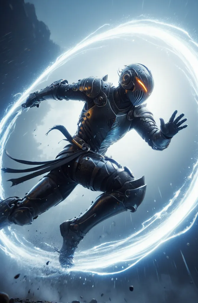 A warrior in black armor charges forward, surrounded by a glowing blue circle. The warrior's face is obscured by a helmet, and they are carrying a sword in their right hand. They are running on a rocky surface, and the background is a dark, cloudy sky.