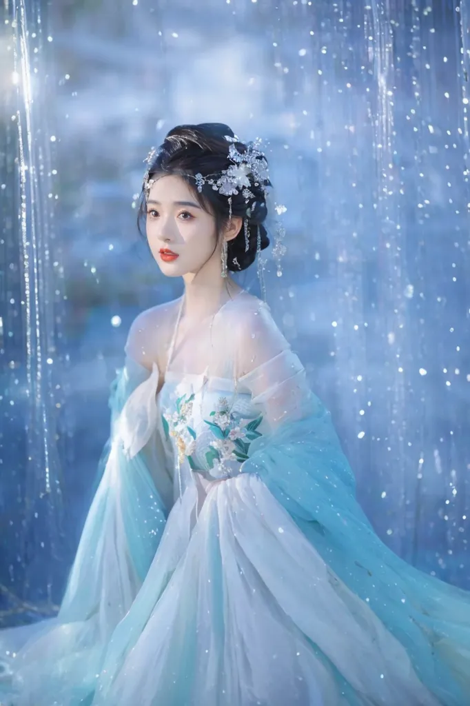 The image is a portrait of a beautiful young woman with long, flowing hair. She is wearing a traditional Chinese dress with intricate details and delicate embroidery. The dress is white and blue, with sheer sleeves that trail behind her like water. Her hair is adorned with a variety of hair accessories, including a hairpiece with long, dangling chains. The background of the image is a blur of blue and white, with a hint of green. The overall effect is one of beauty and elegance. The woman's expression is one of serenity and peace. She seems to be lost in thought, contemplating something beautiful. The image is a perfect example of the Chinese aesthetic, which values beauty, harmony, and balance.