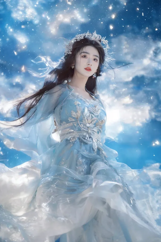 The image shows a beautiful woman with long black hair and blue eyes. She is wearing a white dress with a blue sash. She is standing in a snowy landscape, with snowflakes falling around her. The image is very soft and ethereal, and the woman looks like a仙女.