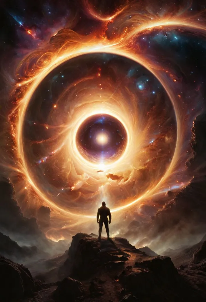 The image is set in a vast, awe-inspiring universe. A man stands on a rocky hilltop, looking up at a swirling vortex of fire and stars. The vortex is framed by two massive, glowing rings. The man is渺小的, insignificant in comparison to the cosmic forces at play. The image evokes a sense of wonder and mystery. It is a reminder of our place in the universe and the vastness of existence.