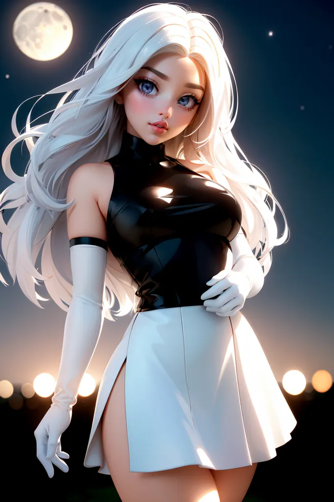 The image is a beautiful anime girl with long white hair and blue eyes. She is wearing a black and white dress with a high collar and a short skirt. She is also wearing white gloves and there is a moon in the background.