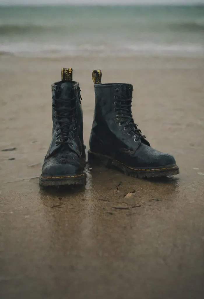 A pair of black leather boots, covered in sand and water, sit on the beach. The boots are unlaced and the tops are folded down. The sand is wet and there are waves crashing in the background. The sky is cloudy and the water is a dark blue. The boots are a symbol of strength and durability. They have been through a lot and are still standing. The boots are a reminder that we can overcome anything if we set our minds to it.