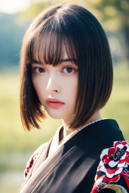 The picture shows a young woman with short black hair and bangs. She is wearing a black kimono with red and white floral embroidery. The kimono is tied with a red and white obi. The woman's hair is styled in a hime cut, with the bangs cut straight across and the rest of the hair cut to the same length. The woman's eyes are dark brown and her skin is fair. She is looking at the camera with a serious expression. The background is blurred and out of focus.