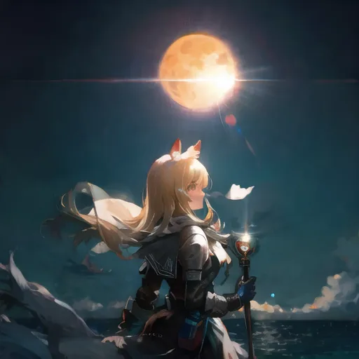 The image is of an anime girl standing on a cliff overlooking the ocean. She is wearing a white and blue outfit and has long blonde hair that is blowing in the wind. She is holding a staff in her right hand. The sun is setting behind her and is casting a golden glow over the scene. The ocean is dark and mysterious. The sky is dark blue and there are a few clouds in the sky. The girl is looking out at the ocean with a determined expression on her face.