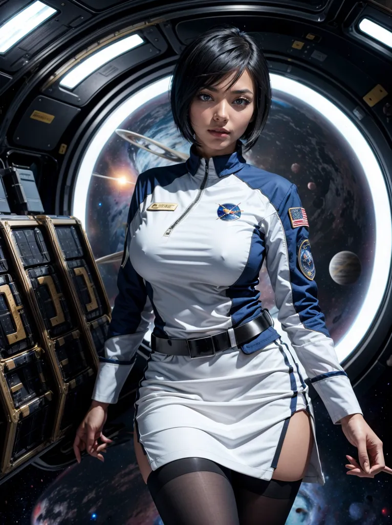 A young woman in a spacesuit is standing in a spaceship. She has short black hair and brown eyes. She is wearing a white and blue spacesuit with a black belt. The spacesuit has a NASA logo on it. She is also wearing black stockings and black boots. There is a planet and stars in the background.