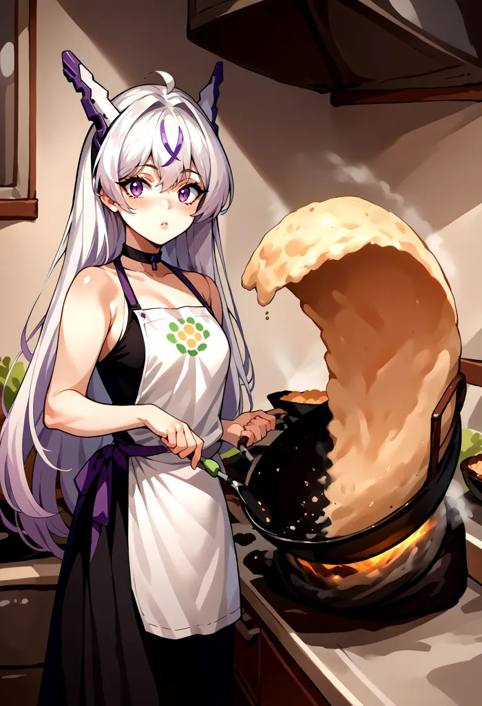 The picture shows a girl with long white hair and purple eyes. She is wearing a white apron and a black dress. She is cooking in a kitchen. She is holding a frying pan with a large pancake in it. The pancake is overflowing out of the pan. The girl is looking at the pancake with a surprised expression on her face.